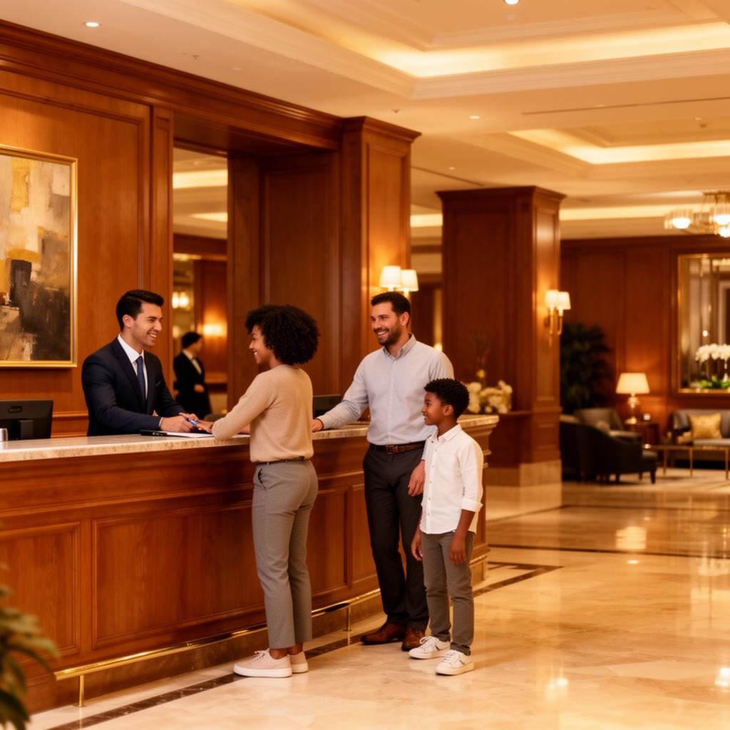Family checking into luxury hotel lobby